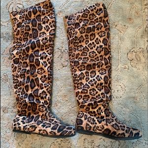 Leopard over the knee flat boots